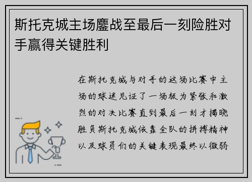 斯托克城主场鏖战至最后一刻险胜对手赢得关键胜利